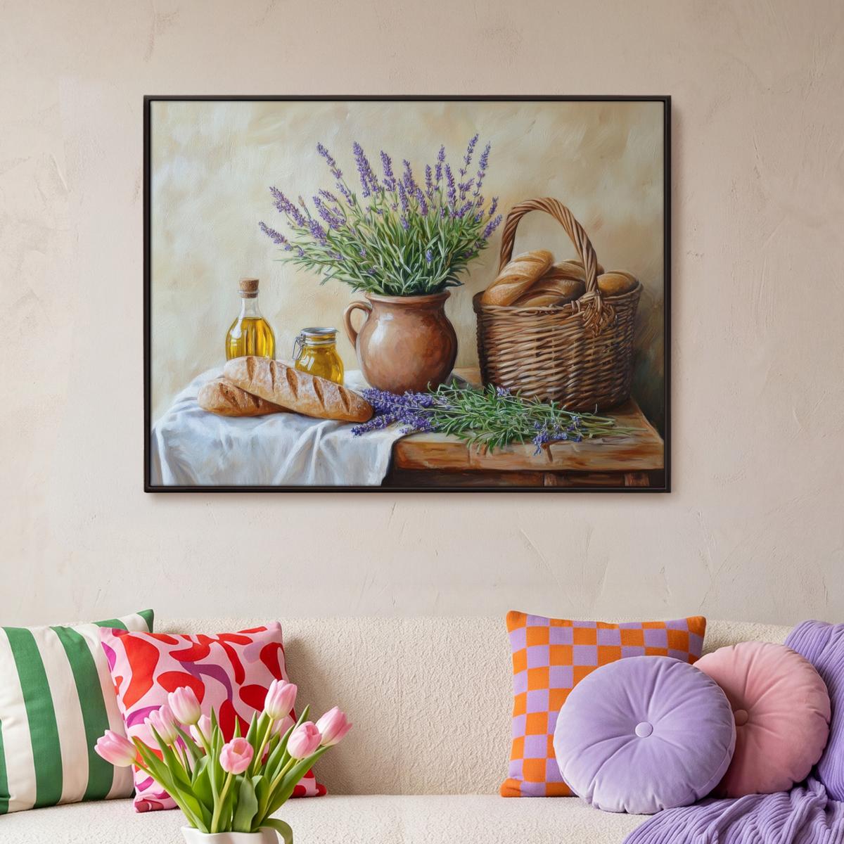 LEINWAND Bilder mit Rahmen - Lavendel - Brot - Stilleben - 100x70 - Flieder, Textil (100/70cm) - MuchoWow