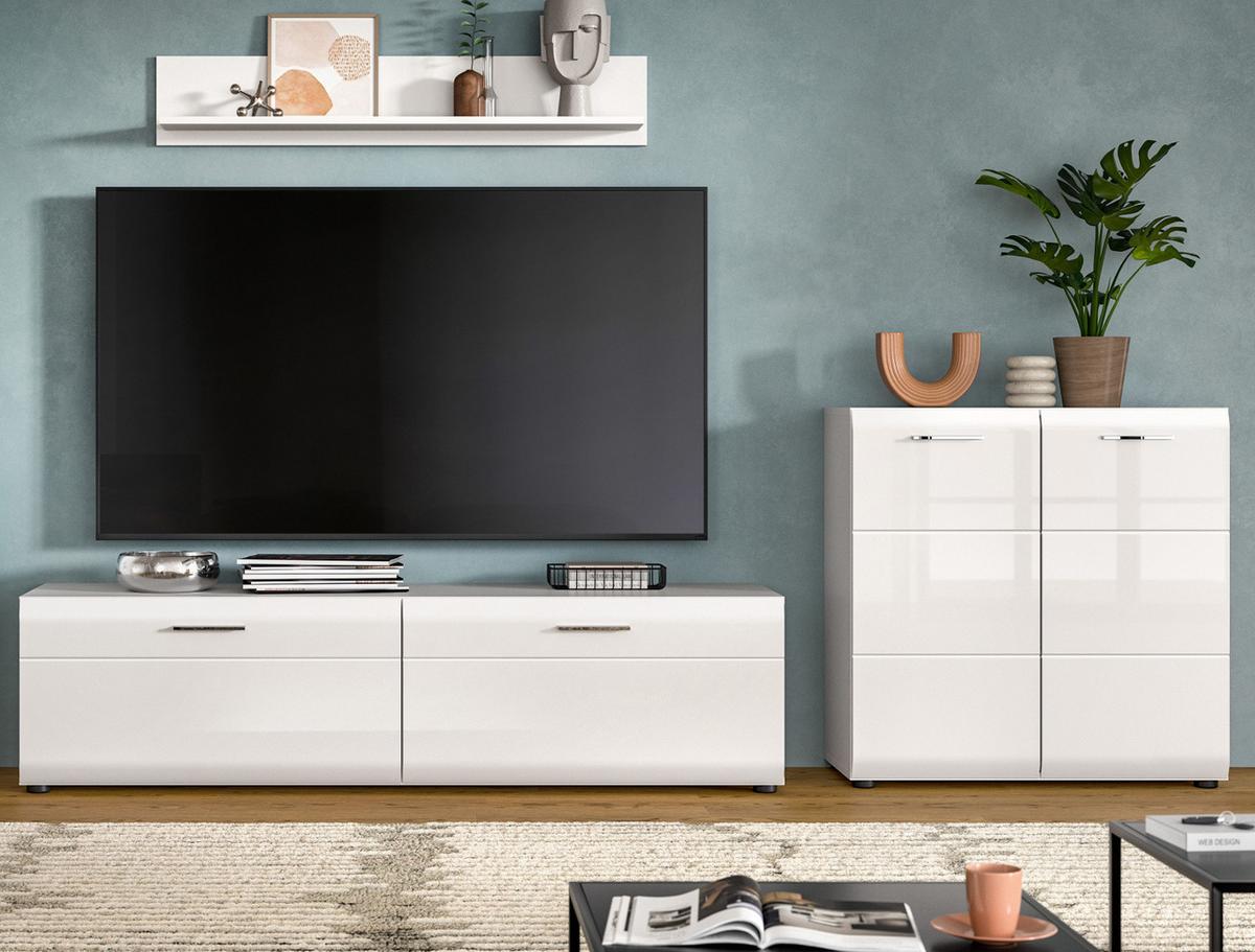 WOHNWAND weiß Hochglanz 3-teilig 255 cm, Schrankwand modernes Design - Weiß Hochglanz/Silberfarben, Glas/Holzwerkstoff (255/160/41cm) - Inn.Furn