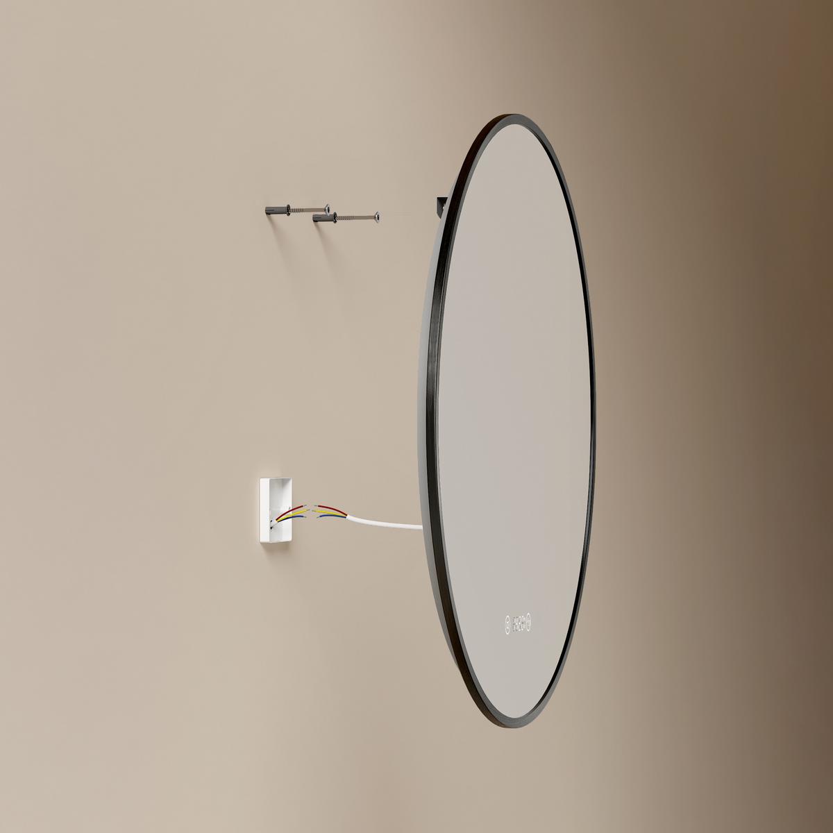 BADSPIEGEL mit LED-Beleuchtung Anti-Beschlag Zeitanzeige Schwarz Ø 70 cm - Schwarz, Glas (70/70/3cm) - EMKE