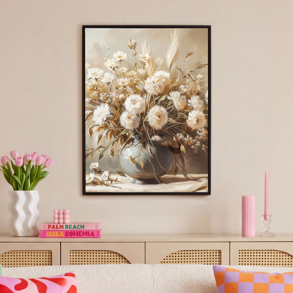 LEINWAND Bilder mit Rahmen - Blumen - Vase - Stilleben - Beige - 70x100 - Creme, Textil (70/100cm) - MuchoWow