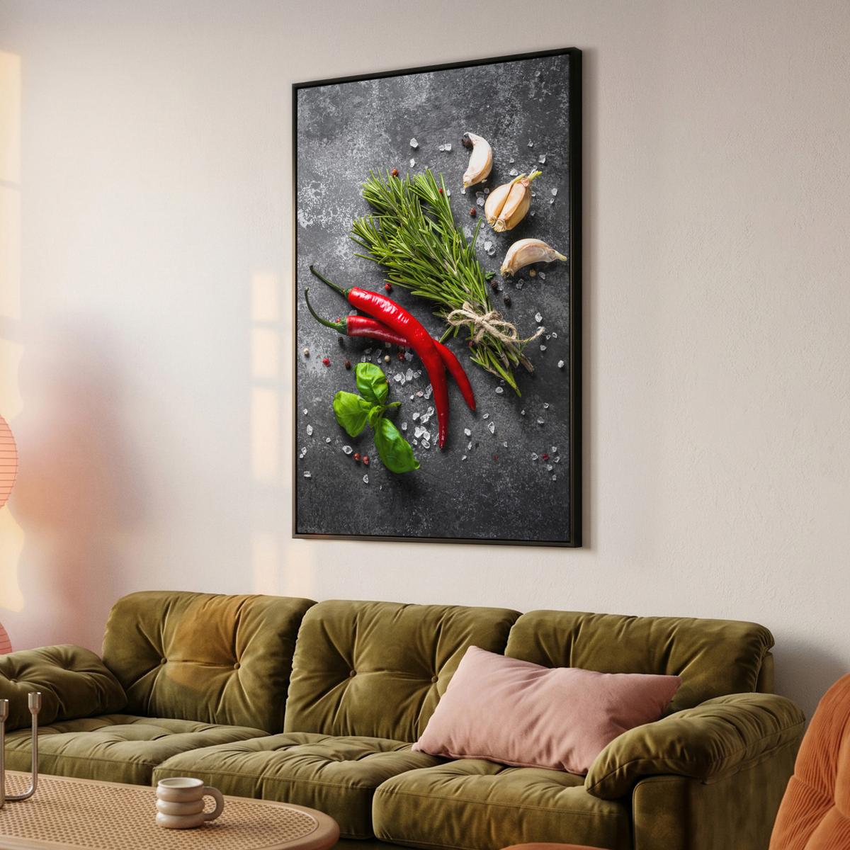 LEINWAND Bilder mit Rahmen - Pfeffer - Kräuter - Gewürze - Beton - 80x120 - Dunkelgrau, Textil (80/120cm) - MuchoWow