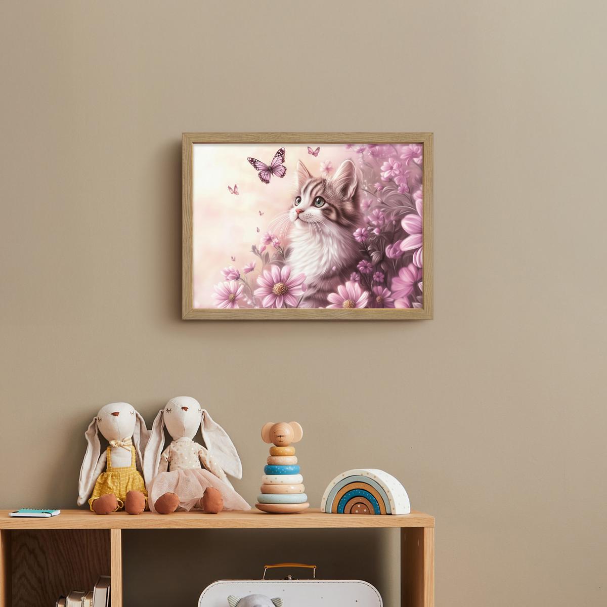 WANDLEUCHTE MIT AKKU Kätzchen - Blumen - Schmetterlinge - Lila 40x30 cm - Altrosa, Holzwerkstoff (40/30/8cm) - OnlyWow