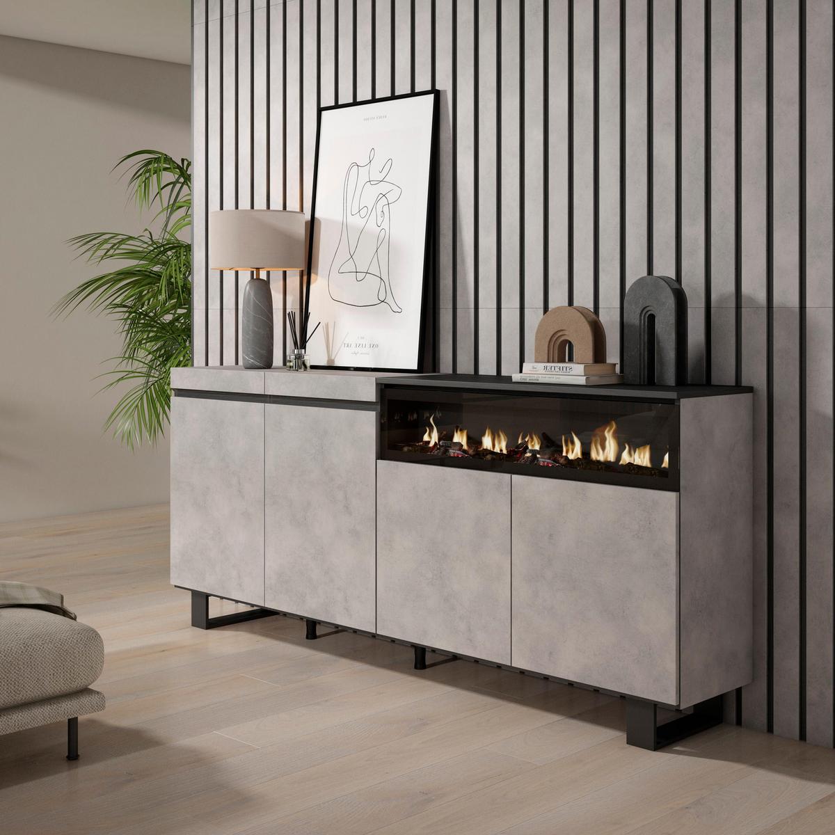 SIDEBOARD Elektrokamin, zementgrau, 200/35/87cm - Schwarz/Grau, Holzwerkstoff (200/87/35cm) - Skraut Home