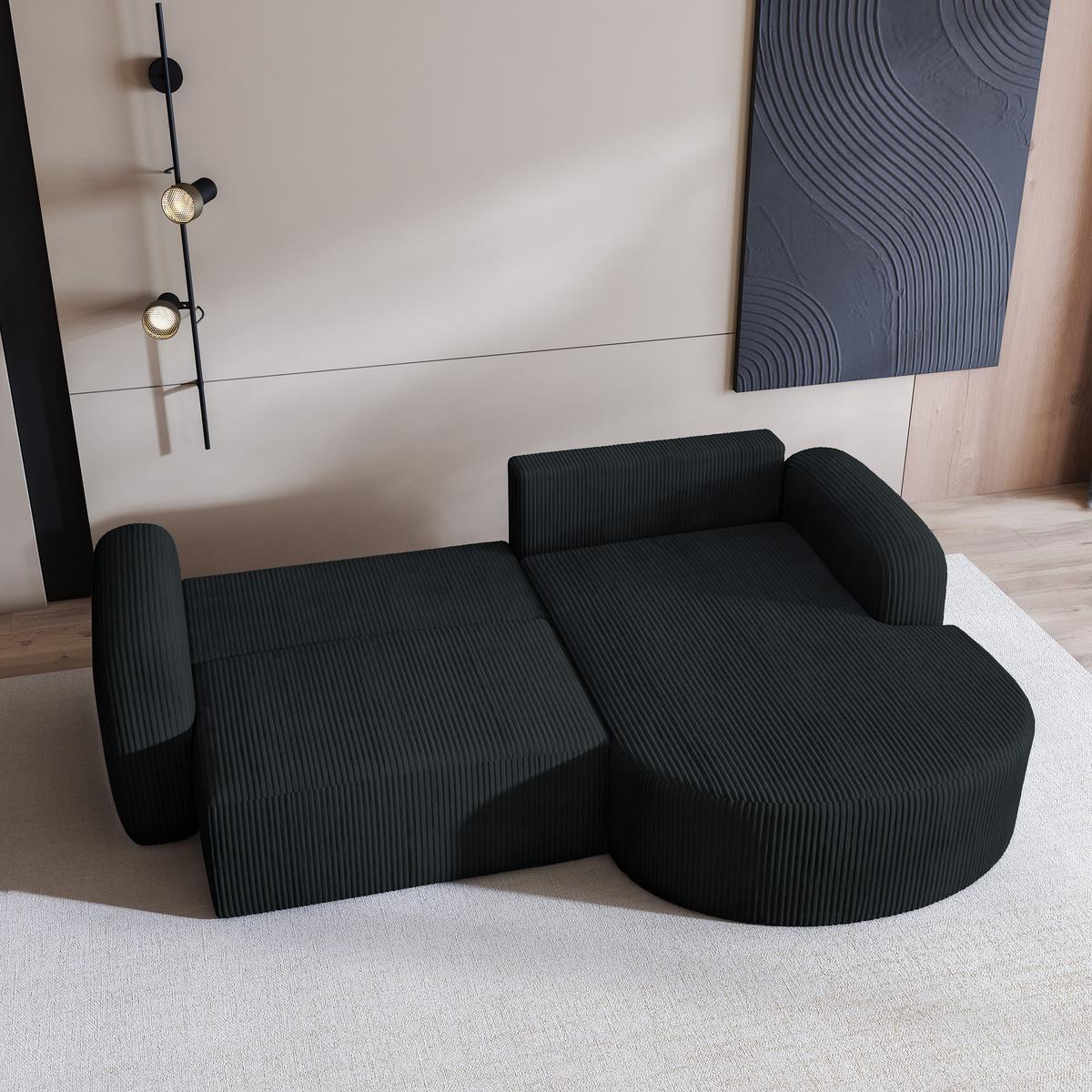 ECKSOFA AMILIA P R-S Schwarz Kordstoff mit Schlaffunktion - Schwarz, Holz (263/174cm) - MASSENO