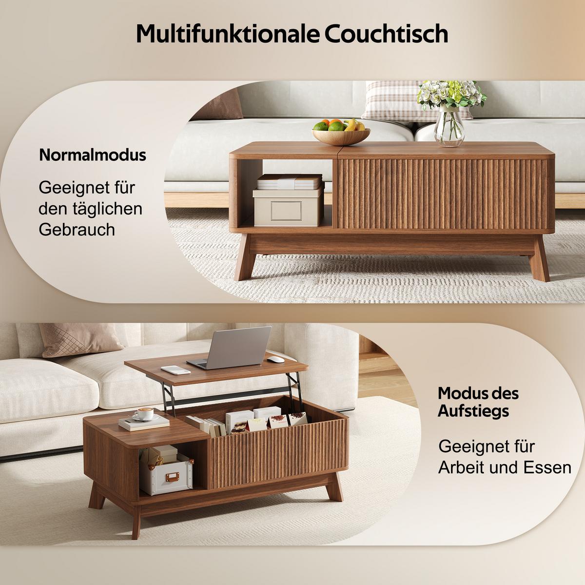 COUCHTISCH holzoptik & 3d-wellen-design mit lift-funktion & verstecktem stauraum - Walnussfarben, Holzwerkstoff (48/95/50cm) - Urban Meuble
