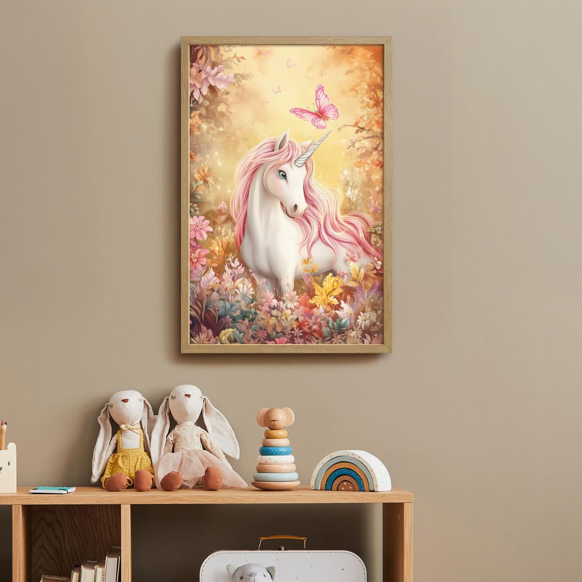 WANDLEUCHTE MIT AKKU Einhorn - Blumen - Schmetterling - Rosa 40x60 cm - Beige, Holzwerkstoff (40/60/8cm) - OnlyWow
