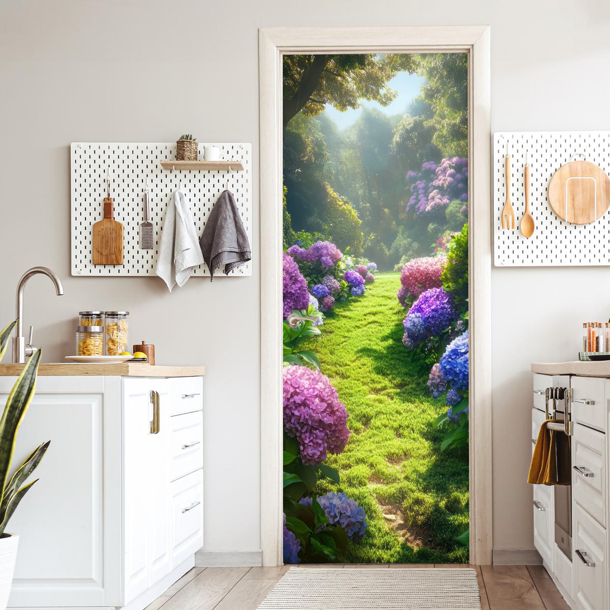TÜRAUFKLEBER Natur - Hortensie - Blumen - Grün 90x235 cm - Türtapete - Hellgrün, Kunststoff (90/0.1cm) - MuchoWow