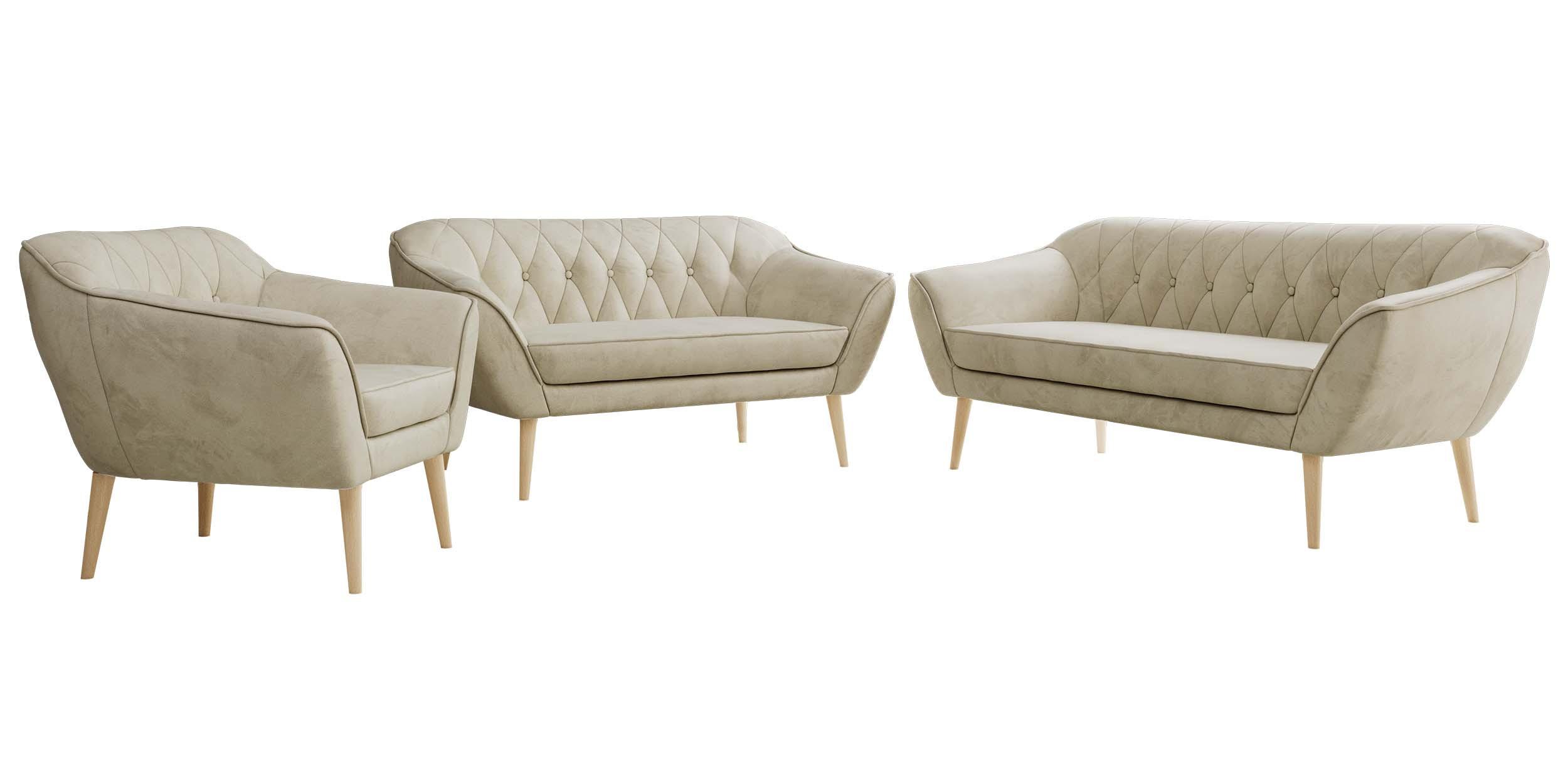 SITZGARNITUR PIRS 3+2+1 - Beige Velvet - Holzbeine - Beige/Buchefarben, Holzwerkstoff/Textil (180/75/74cm) - MKS