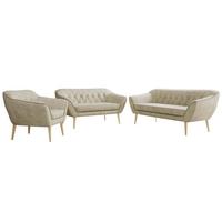 SITZGARNITUR PIRS 3+2+1 - Beige Velvet - Holzbeine - Beige/Buchefarben, Holzwerkstoff/Textil (180/75/74cm) - MKS