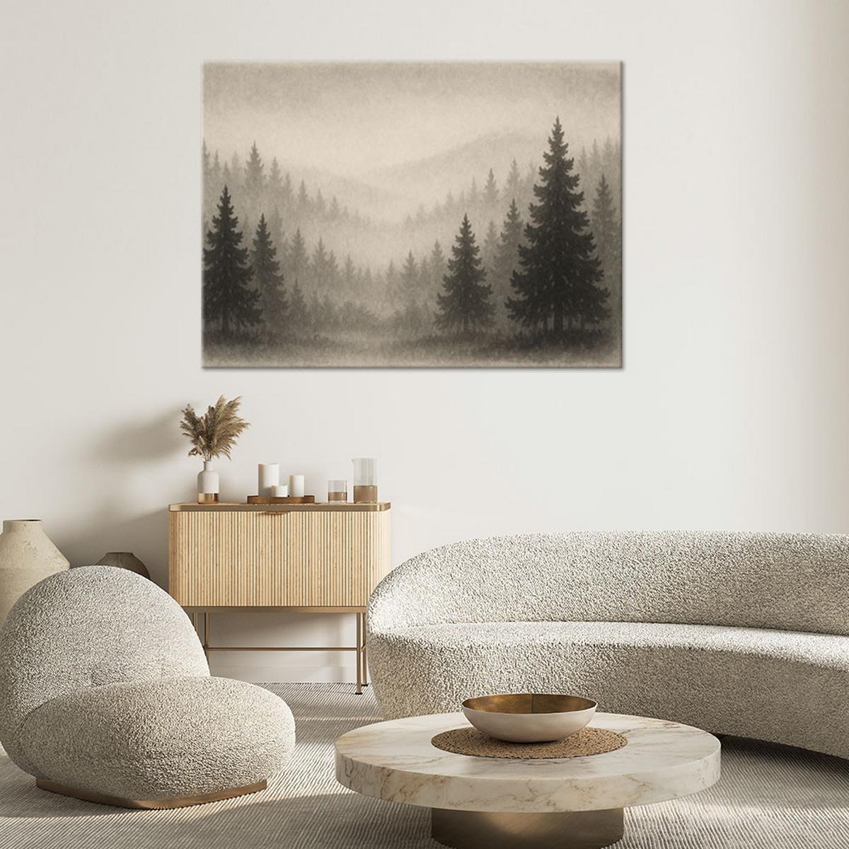 LEINWANDBILD Bäume Wald Nebel Beige 120x80cm - Grau, Textil (120/80cm) - Feeby