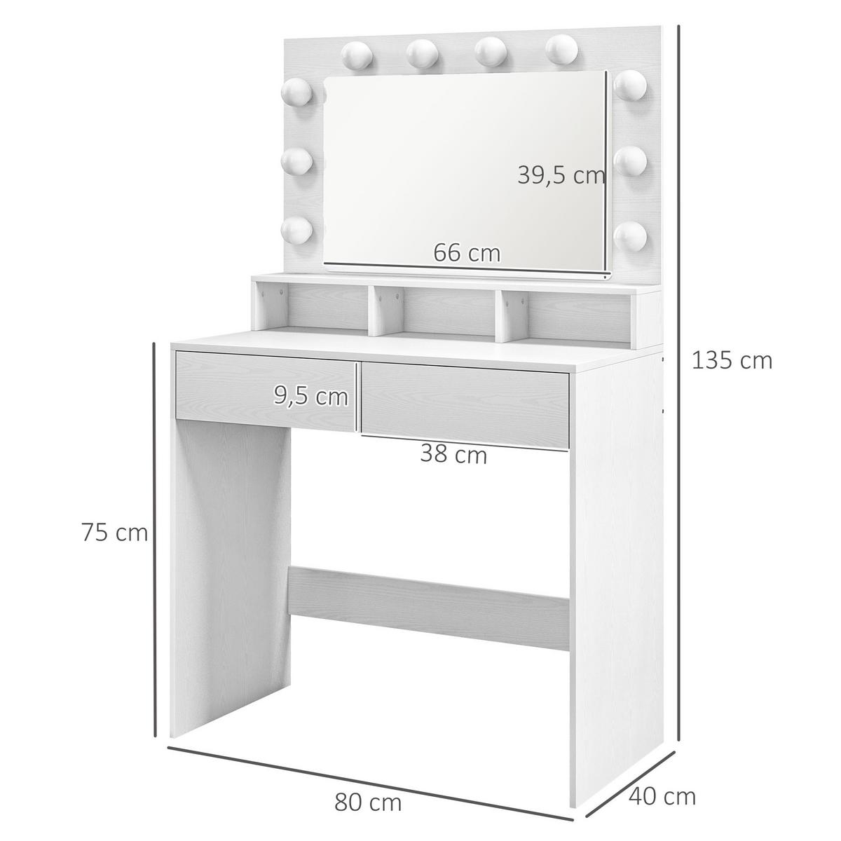 SCHMINKTISCH mit LED-Beleuchtung Frisiertisch mit Spiegel einstellbar Helligkeit - Weiß, Holzwerkstoff (40/135/80cm) - HOMCOM