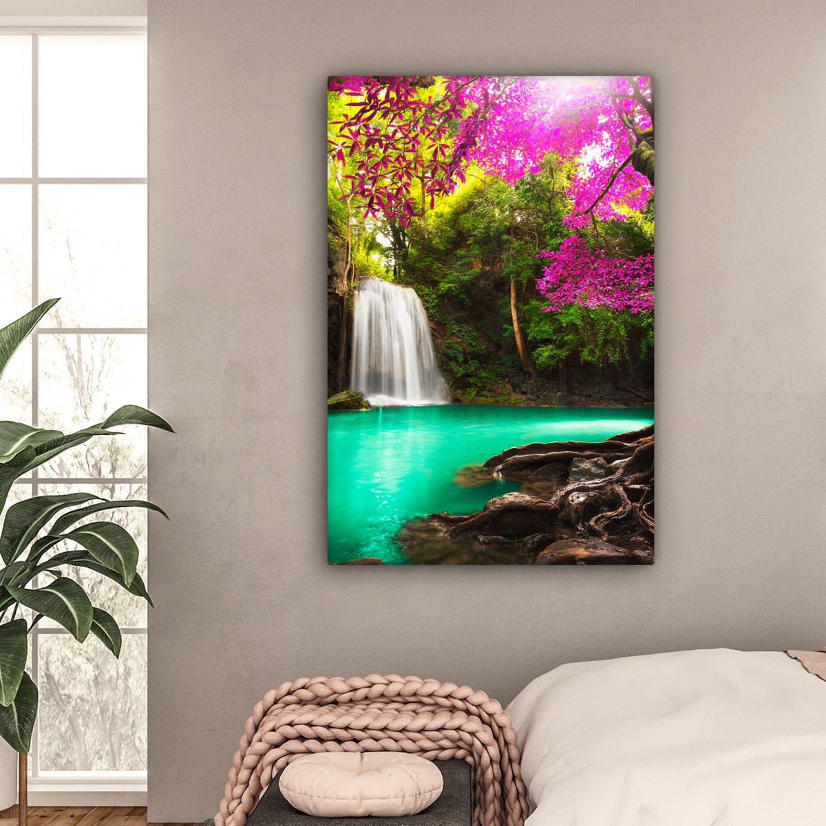 LEINWANDBILD Wasserfall mit bunten Blumen und Bäumen - Natur - Dschungel Deko Groß 90x140 cm - Waldgrün, Textil (90/140cm) - MuchoWow