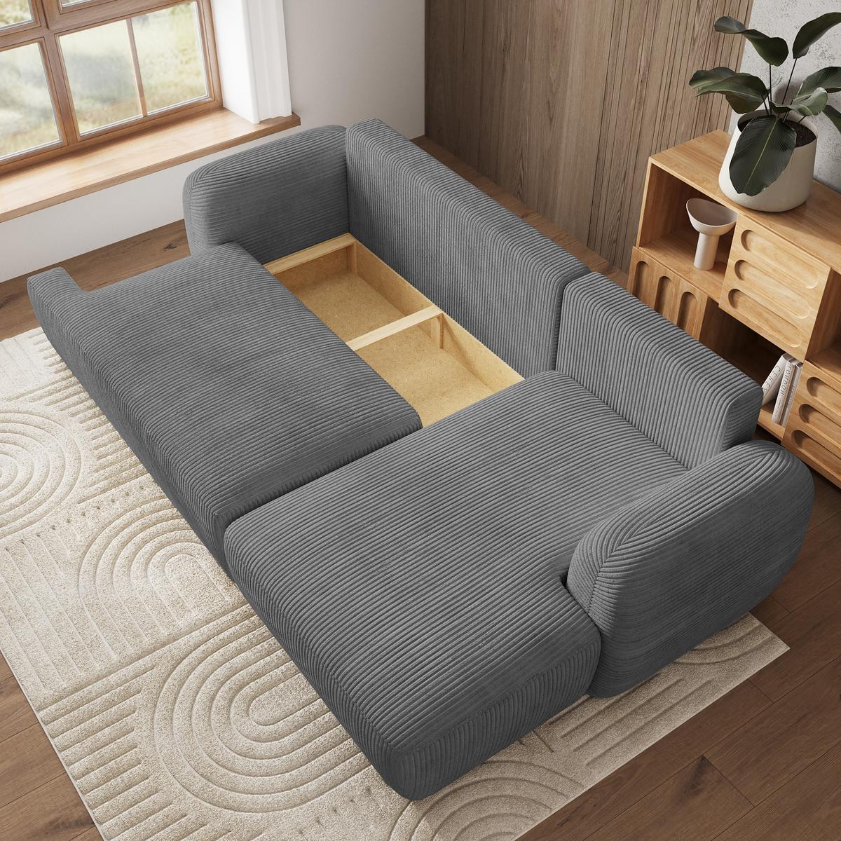 ECKSOFA MODENZA P R-S Grau Kordstoff mit Schlaffunktion - Schwarz/Grau, Holz/Kunststoff (266/148cm) - MASSENO