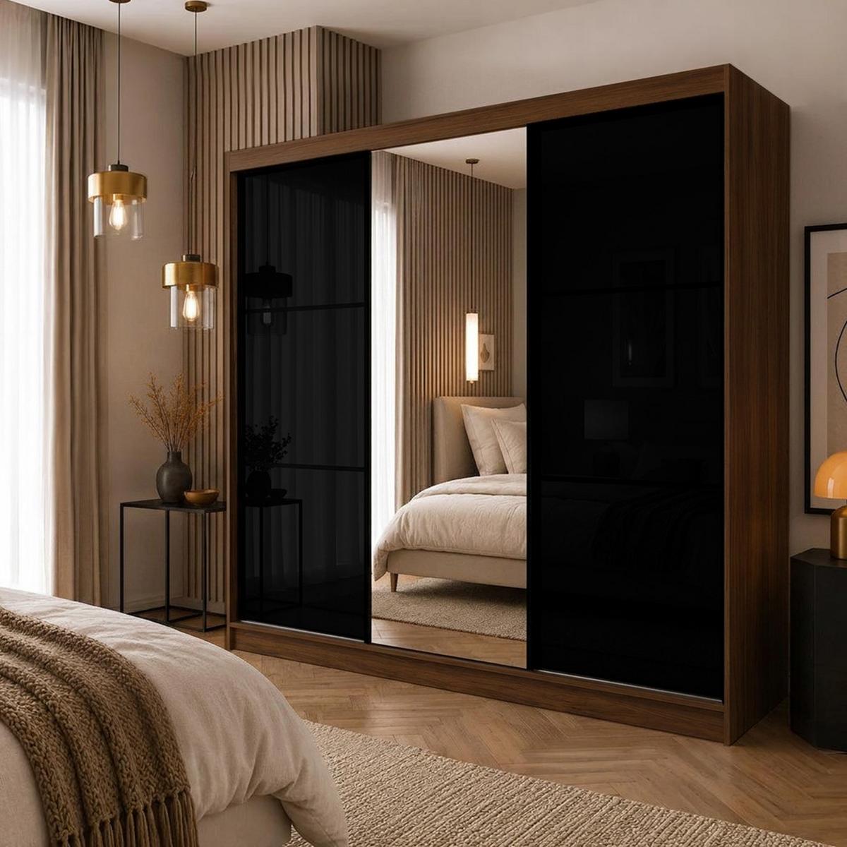 SCHWEBETÜRENSCHRANK Viva II mit Schubladen und Spiegel, mit Lacobel-Glas, 240/216/61 Walnuss - Walnussfarben, Holzwerkstoff (240/216/61cm) - Beautysofa