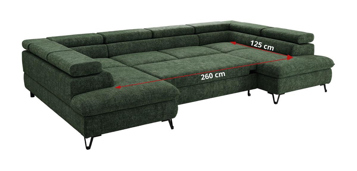 WOHNLANDSCHAFT PABLO U Schenille grob gewebt Dunkelgrün mit Topper Visco - Dunkelgrün/Schwarz, Textil/Metall (346/76/208cm) - MKS
