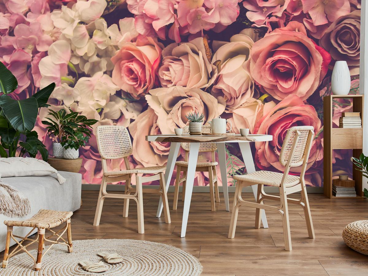 FOTOTAPETE für Schlafzimmer Pinke Rosen Boho Blumen 350x256 - Beige/Violett, Papier (350/256cm) - Muralo