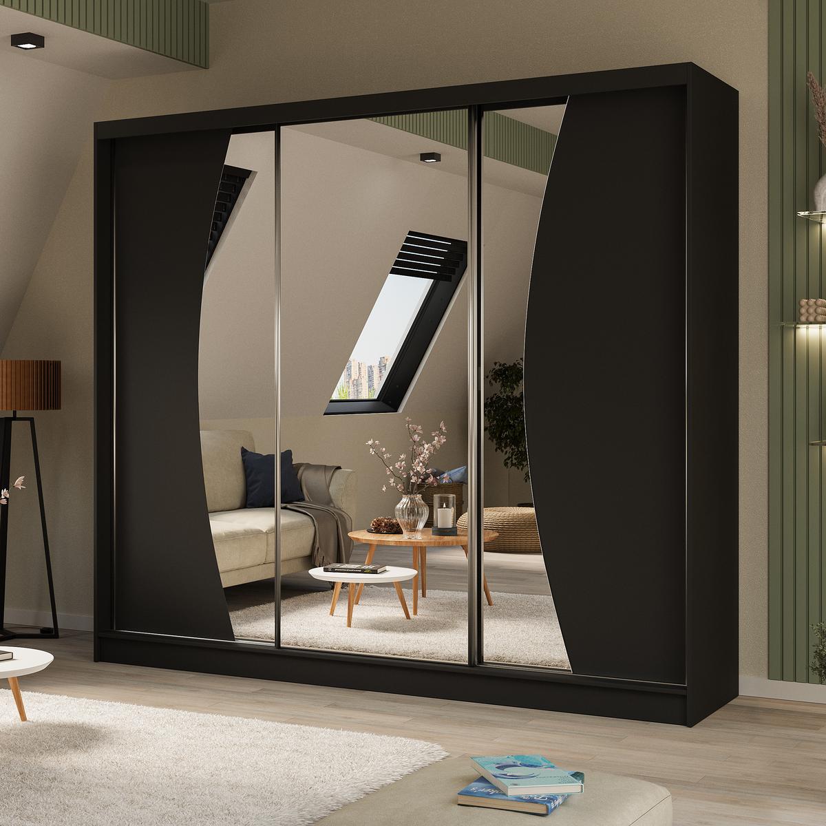SCHWEBETÜRENSCHRANK Vox II 240/216/61 schwarz mit Spiegel und Schubladen - Schwarz, Holzwerkstoff (240/216/61cm) - Beautysofa