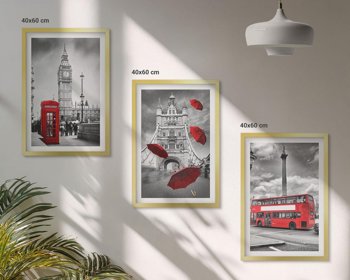 BILDER SET 3er Set - 40x60 cm Goldrahmen - Roter Regenschirmstand und Londoner Bus - Goldfarben, Kunststoff (40/60cm) - TULUP
