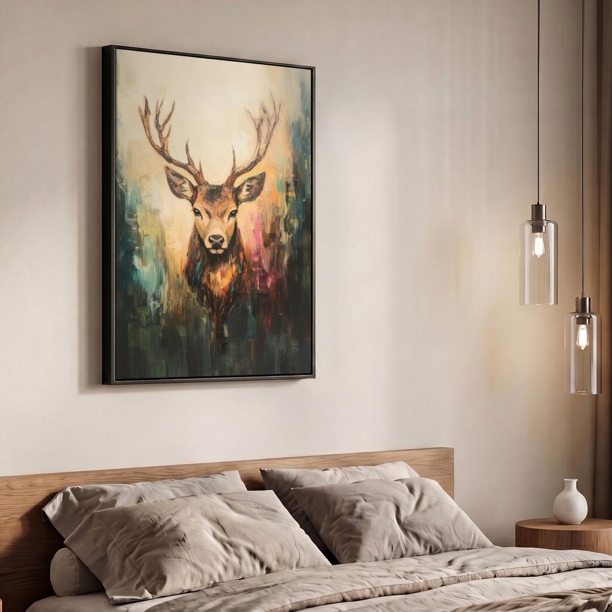 LEINWAND Bilder mit Rahmen - Hirsch - Gemalt - Geweih - Braun - 70x100 - Haselnussfarben, Textil (70/100cm) - MuchoWow