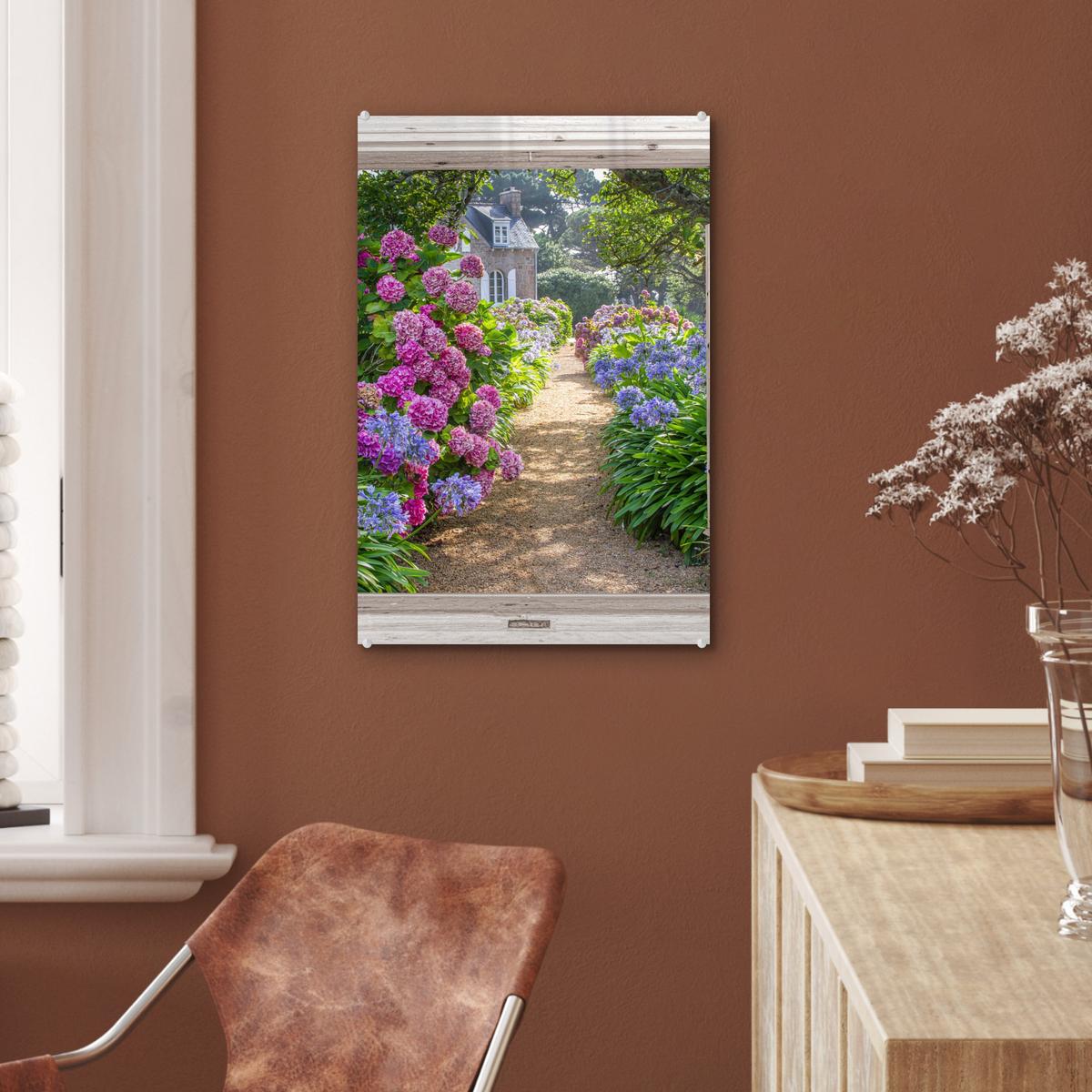 ACRYLGLASBILD Hortensie - Durchsichtig - Blumen - Sommer - Lila - Weg Wanddeko Wohnzimmer 40x60 cm - Lila, Glas (40/60cm) - MuchoWow
