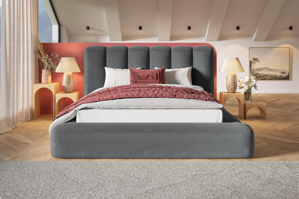 BETT 180x200 - Polsterbett mit Bettkasten und Holzrahmen - Modern Bett - Eleganter Jasmine-Stoff - Kollektion Alva Maxi - Grau - Grau, Holz/Textil (180/200cm) - Alpi-Möbel