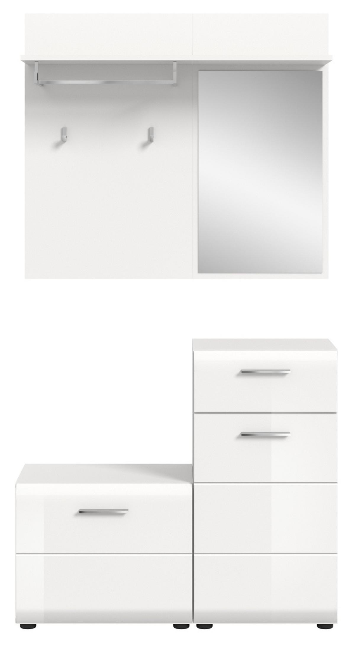 GARDEROBE Set 3-teilig weiß Hochglanz, Flurgarderobe kompakt, Komplett-Set Breite 98 cm - Weiß Hochglanz/Silberfarben, Holzwerkstoff/Kunststoff (98/190/191cm) - Inn.Furn