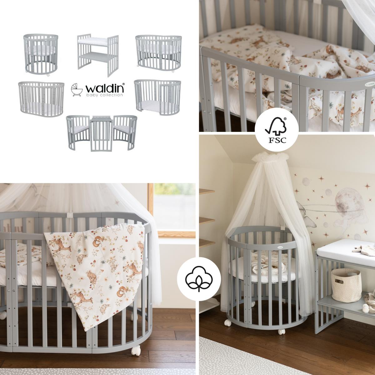 BABYBETT GREY OVAL 7in1 mit Matratze und Himmelset - Multicolor/Grau, Holz/Textil (73/125cm) - waldin
