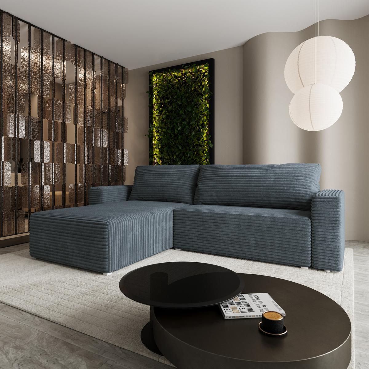 ECKSOFA CALTI T Grau Kordstoff mit Schlaffunktion - Grau, Holzwerkstoff/Textil (283/183cm) - MASSENO