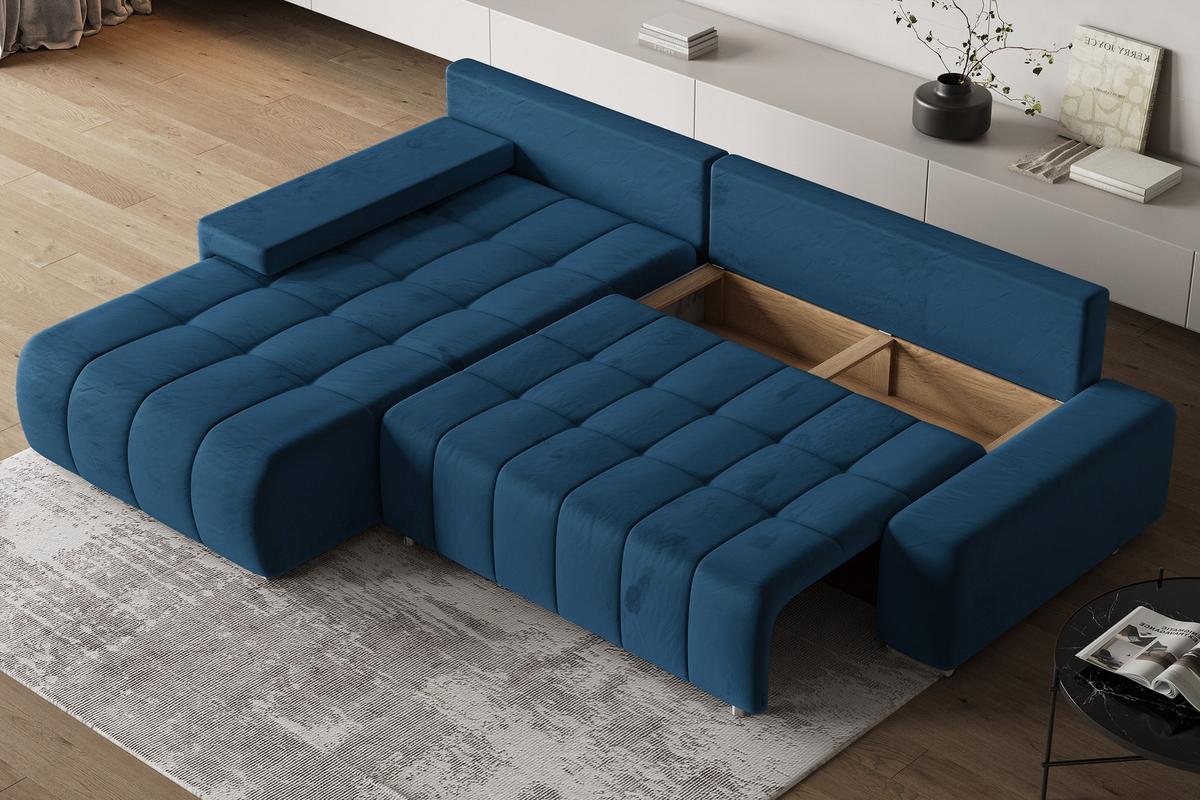 ECKSOFA ALESE L-S Blau Velours-Stoff mit Schlaffunktion - Blau/Silberfarben, Holz/Textil (265/185cm) - MASSENO