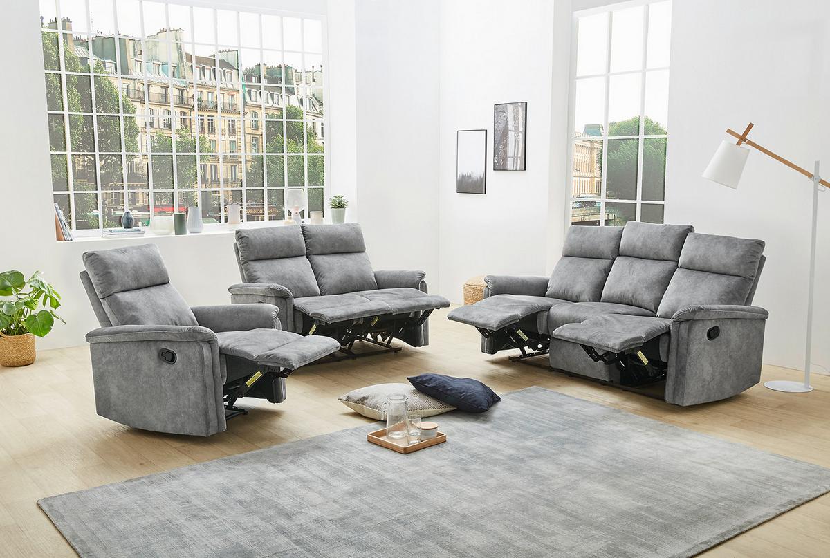 3-SITZER-RELAXSOFA Federkern, Liegefunktion verstellbar durch halbautomatische Relaxfunktion B180/T90/H100 cm, Velours Vintage Grau / 15128 - Hellgrau/Schwarz, Textil (180/100/90cm) - luma-home