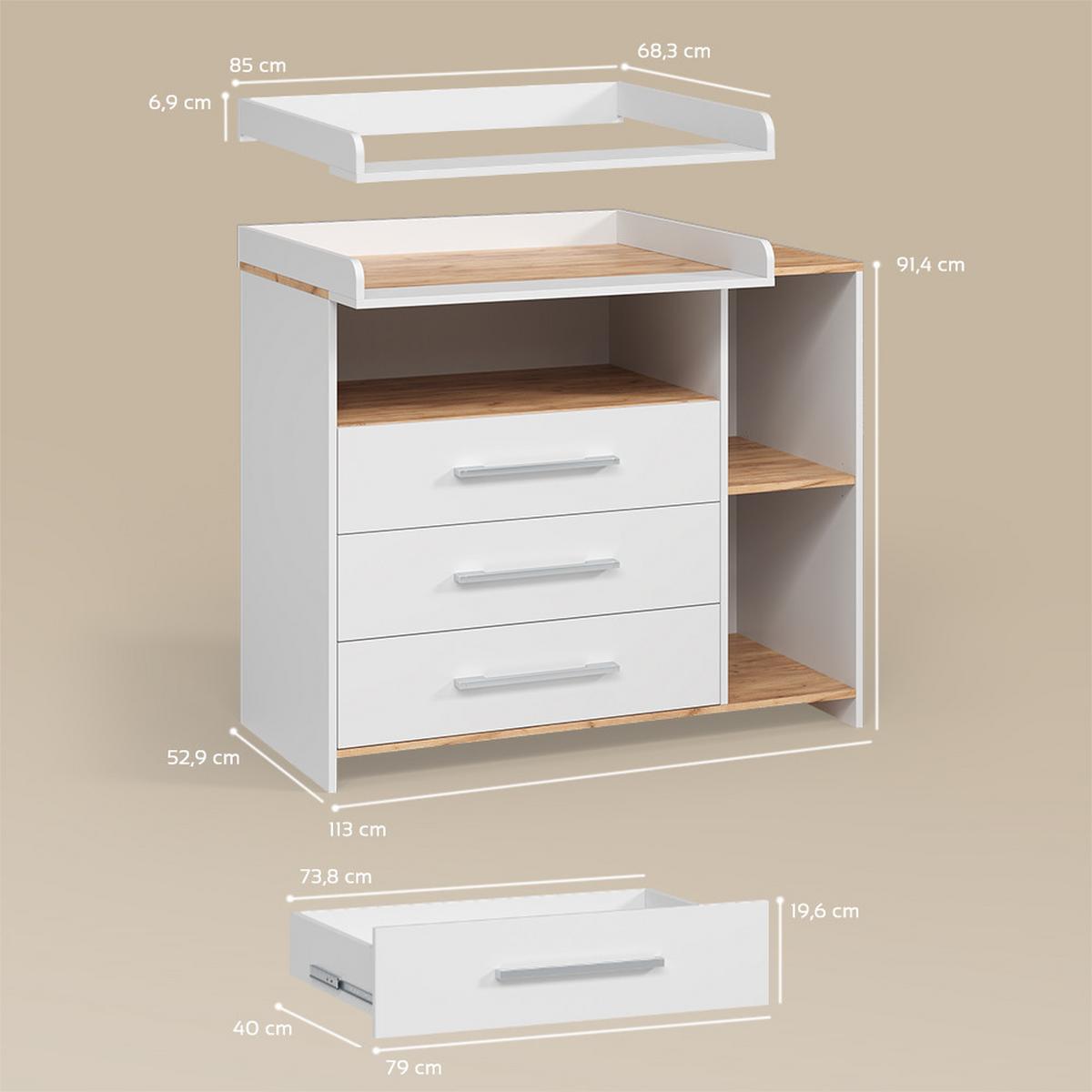 WICKELKOMMODE Torino Weiß/Goldkraft Eiche mit 3 Schubladen - Honigeiche/Weiß, Holzwerkstoff (113/93/53.1cm) - Livinity®