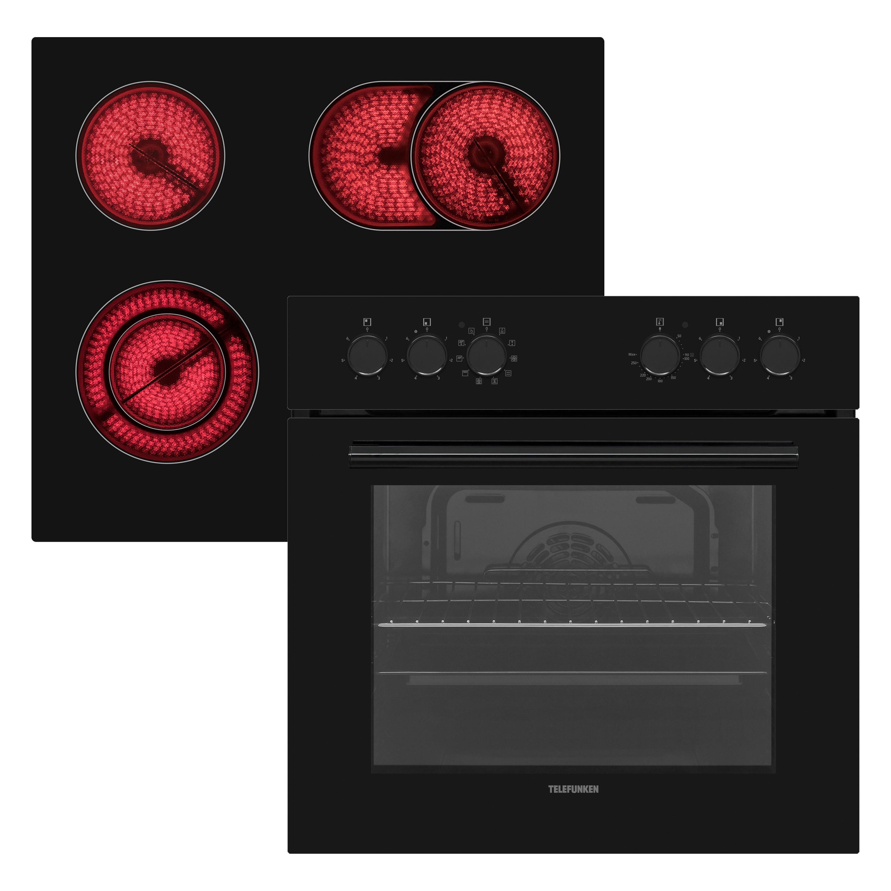 HERDSET, Backofen mit Grill und Umluft, Rahmenloses Glaskeramik-Kochfeld mit 4 Zonen, Hot Air Shield, 65 Liter, 60 cm, Edelstahl - Schwarz, Keramik/Metall (59.5/59.5/57cm) - Telefunken