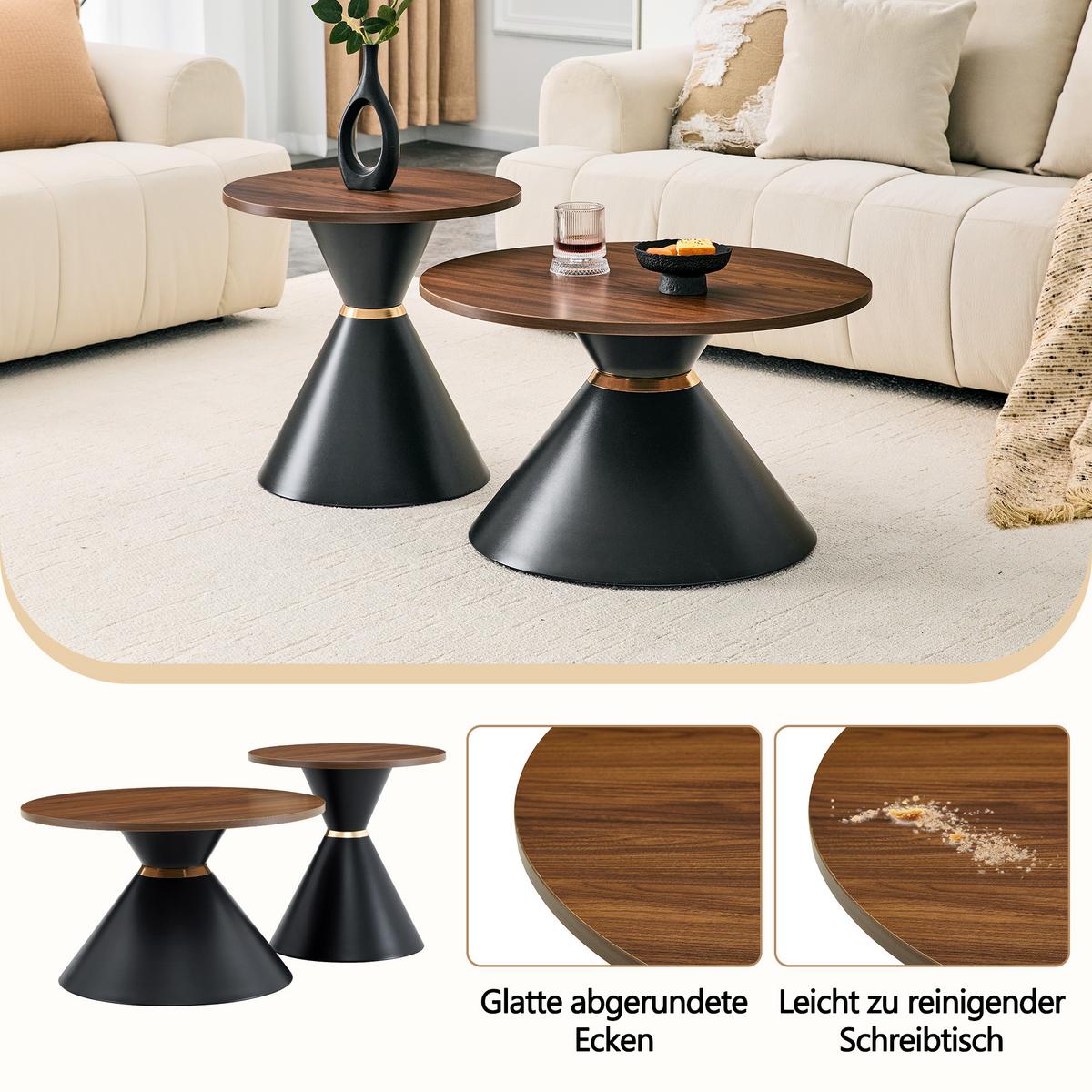 COUCHTISCH-SET Walnussoptik & Metall Schwarz Konusform - Walnussfarben, Metall (70/70/42.5cm) - Urban Meuble