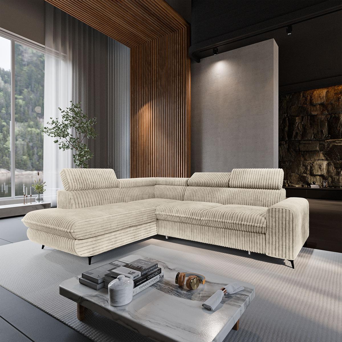 ECKSOFA VELISS Creme Kordstoff mit Schlaffunktion - Creme, Holz (255/193cm) - MASSENO