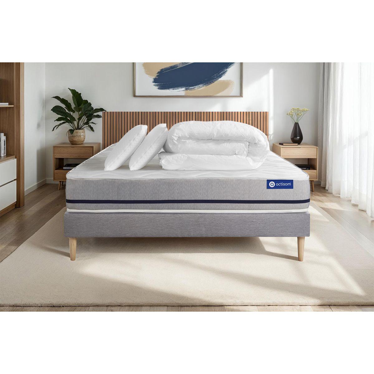 BETT Actiflex soft Taschenfederkern 160 x 200 cm h2 - Kit Bettgestell Grau - Mit Kissen und Bettdecke - Beige/Grau, Karton/Holz (160/200cm) - ACTISOM