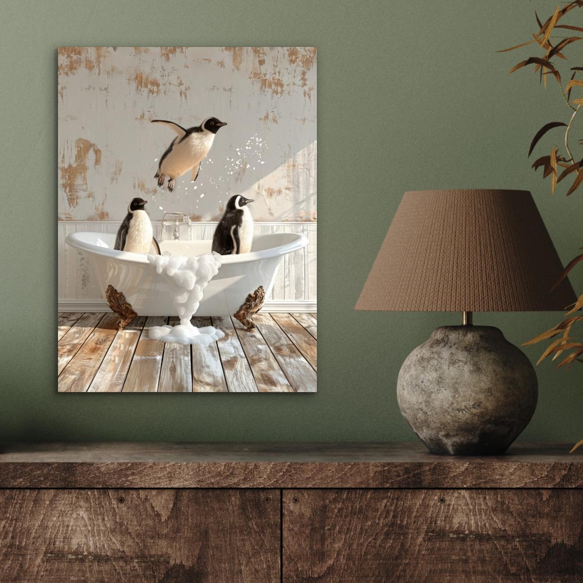 METALLBILD Vintage - Pinguin - Badewanne - Schaumstoff 30x40 cm - Schwarz, Metall (30/40cm) - MuchoWow