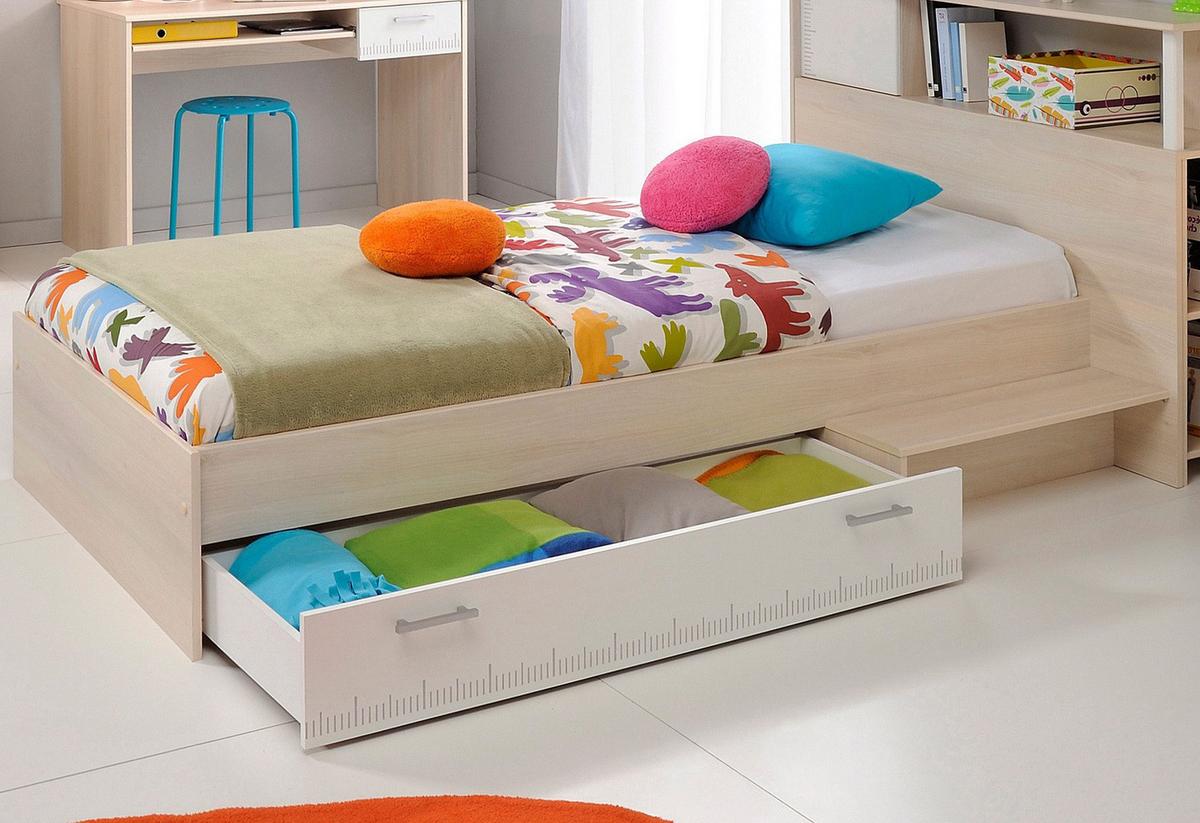 KINDERZIMMER Set 4-tlg Schreibtisch Nachttisch Stauraumbett 90 x 200 cm - Silberfarben/Weiß, Holzwerkstoff/Kunststoff (220/93/123cm) - Parisot Meuble