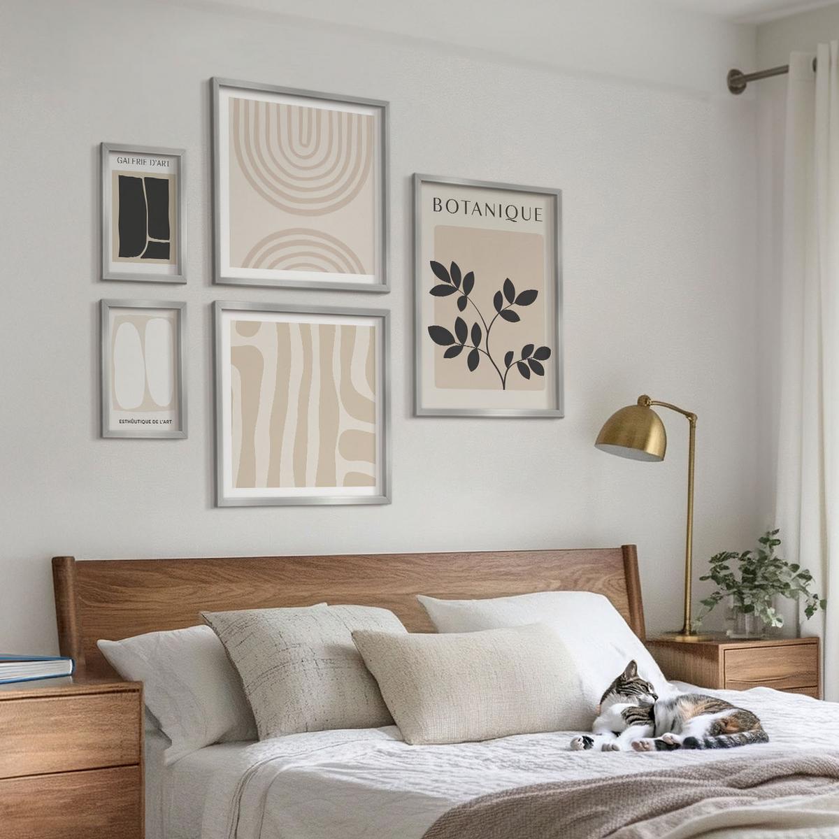 BILDER SET 5er Set - 50x50 cm & 20x30 cm & 40x60 cm Silberner Rahmen - Boho-Pflanzenposter - Silberfarben, Kunststoff (40/60cm) - TULUP