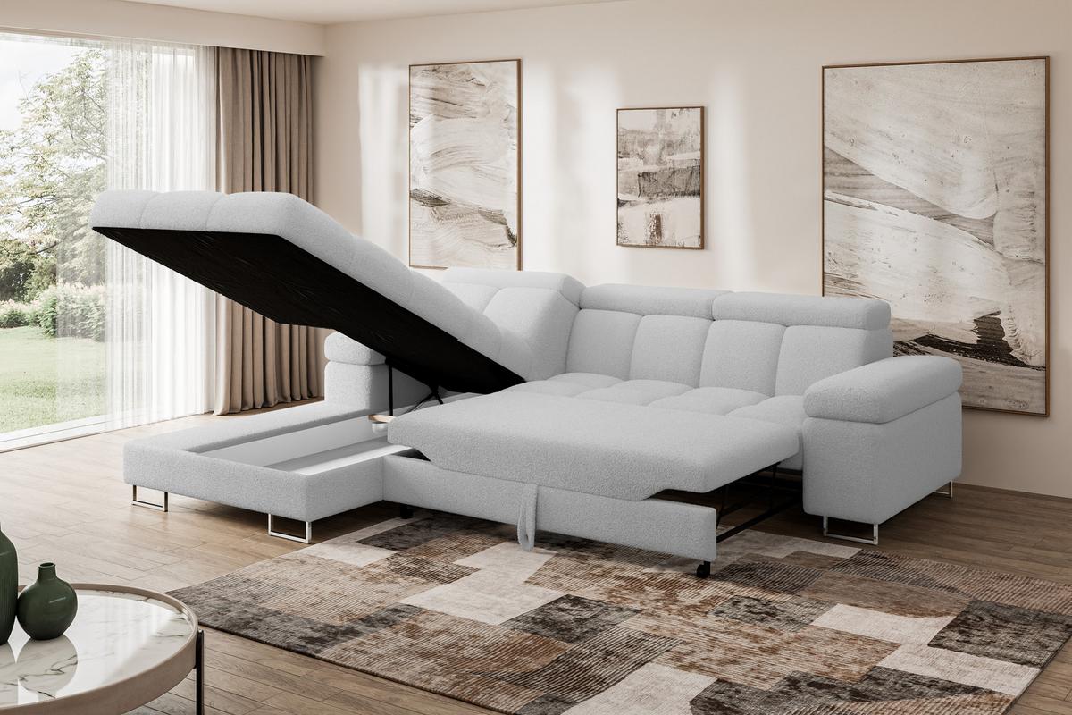 ECKSOFA mit Schlaffunktion Ottomane Links 271x203x79 Hellgrau Bouclé - Edelstahlfarben, Holzwerkstoff/Textil (271/203cm) - ALTDECOR