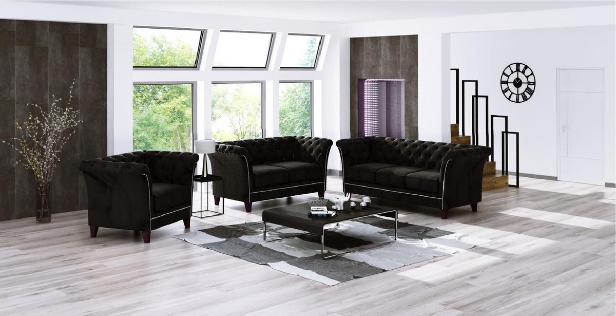 CHESTERFIELD-SOFA 2-Sitzer Fusion Schwarz Samt - Schwarz/Braun, Holz/Textil (175/75/82cm) - S-Style Möbel