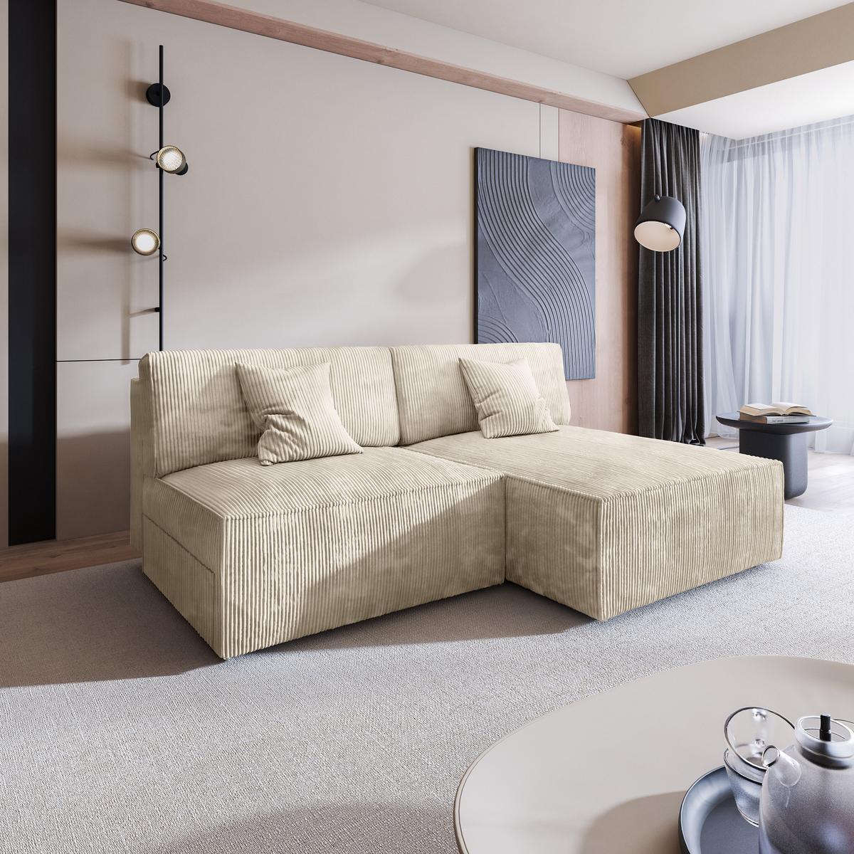 ECKSOFA FIORO P Creme Kordstoff mit Schlaffunktion - Creme/Grau, Holz/Kunststoff (204/148cm) - MASSENO