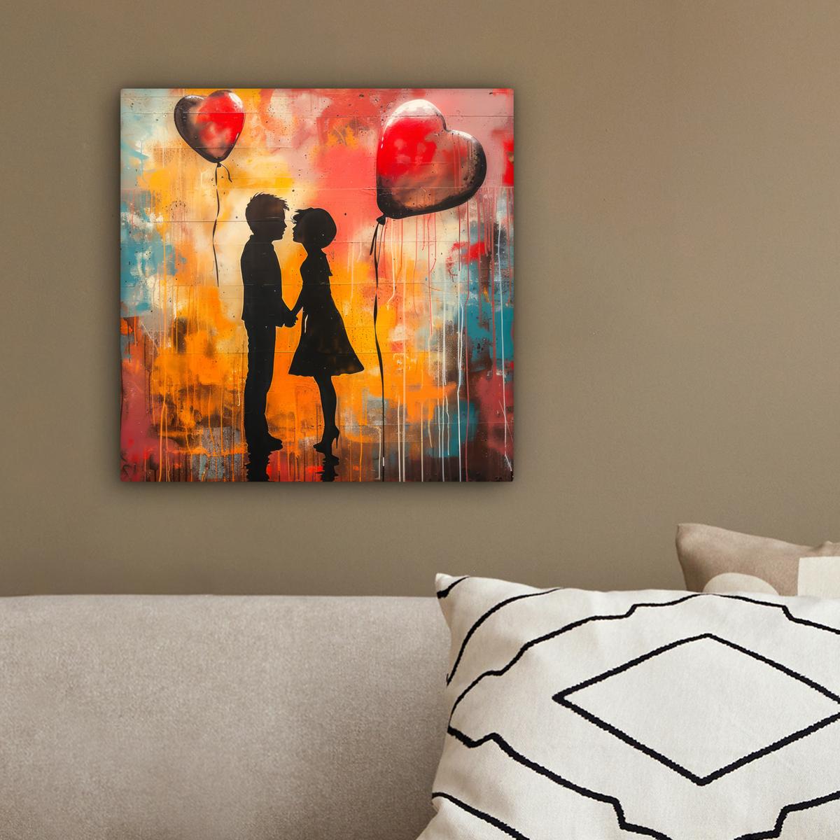 LEINWANDBILD Straßenkunst - Liebe - Graffiti - Kunst - Banksy Deko Wohnzimmer 20x20 cm - Orange, Textil (20/20cm) - MuchoWow