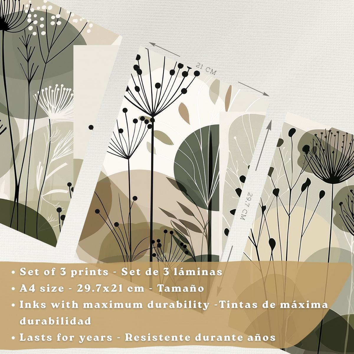 POSTER 4er Kunstdruck-Set Wandbilder Blumen Botanisch modern Wohnzimmer Deko, Schlafzimmer, Küche, Badezimmer Leichter Holzrahmen A4 - Beige, Papier (29.7/1/21cm) - Nacnic