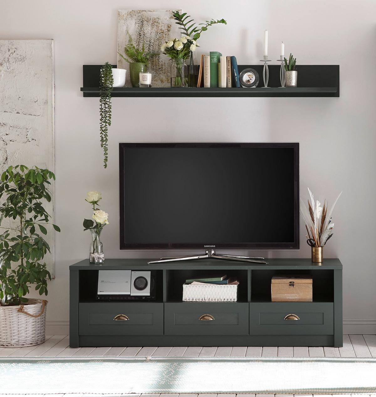 TV-LOWBOARD grün 158 x 47 cm, TV Unterteil im Landhaus-Stil - Chromfarben/Schwarz, Holzwerkstoff/Kunststoff (158/47/43cm) - Furn.Design
