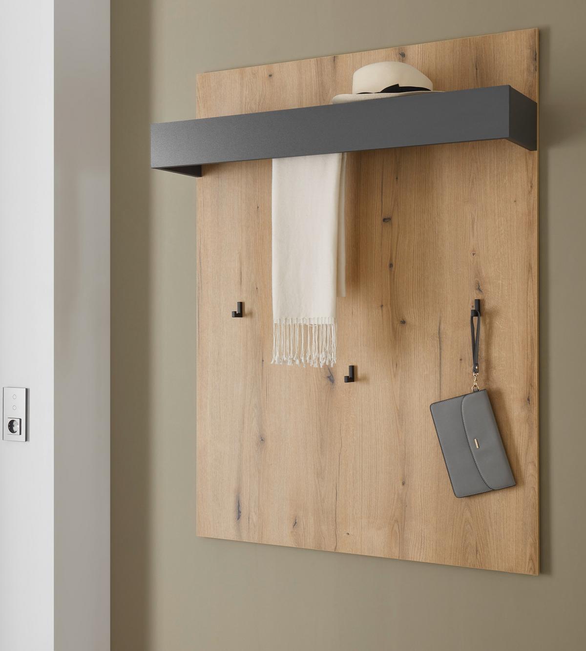 GARDEROBENPANEEL Evoke Eiche, grau 100 x 135 cm, Wandgarderobe mit Kleiderstange - Eichefarben/Grau, Holzwerkstoff/Metall (100/135/25cm) - Furn.Design