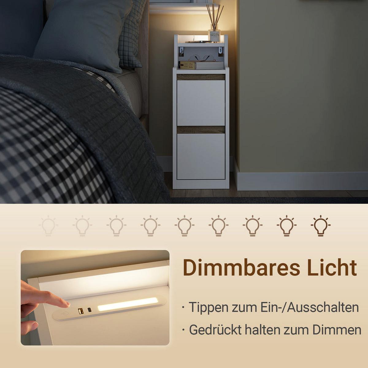 NACHTTISCH schmal mit Ladefunktion und LED-Touch-Lampe, 22x34x60.5cm - Weiß, Holzwerkstoff (22/60/34cm) - SoBuy