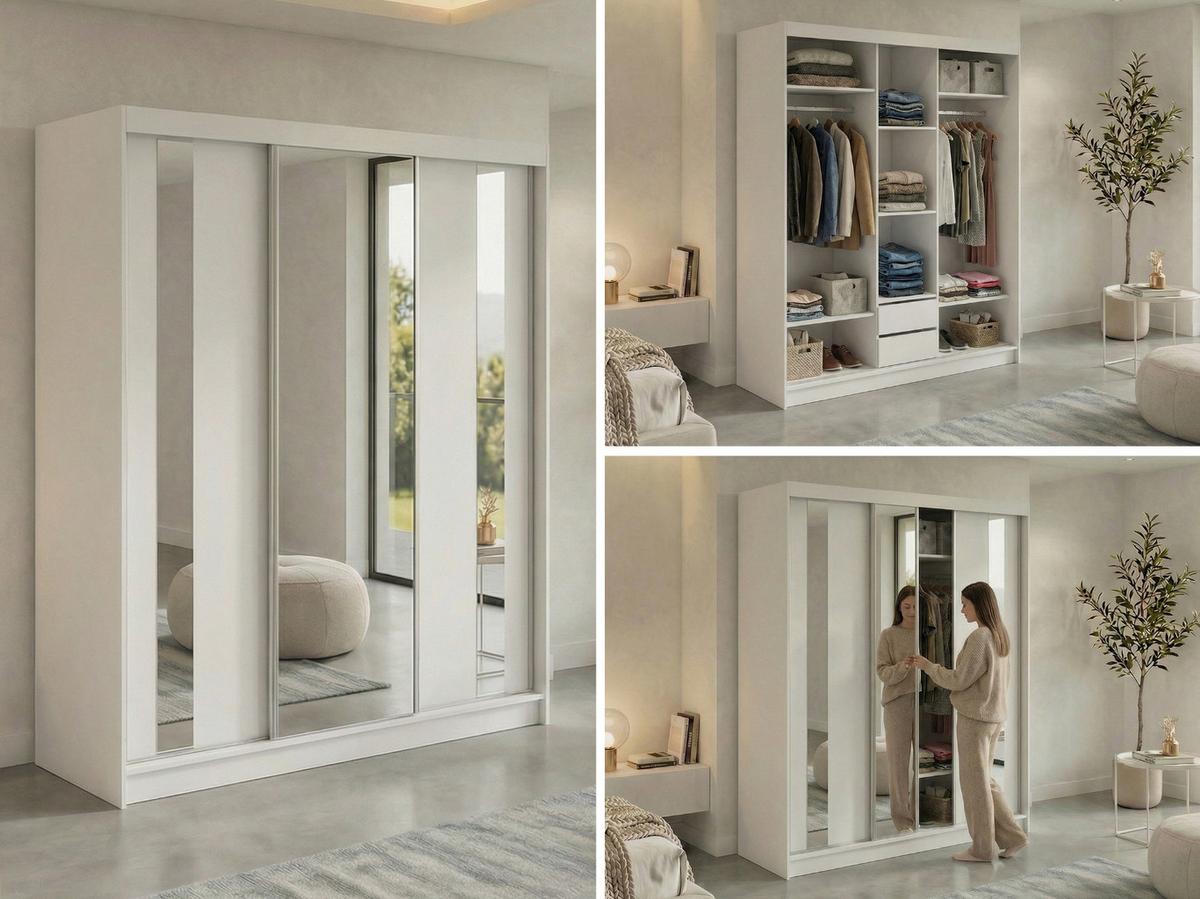 SCHWEBETÜRENSCHRANK mit Schubladen 180 - GRECJA - Weiß mit Spiegel - Alufarben/Weiß, Holzwerkstoff/Metall (180/216/61cm) - MKS