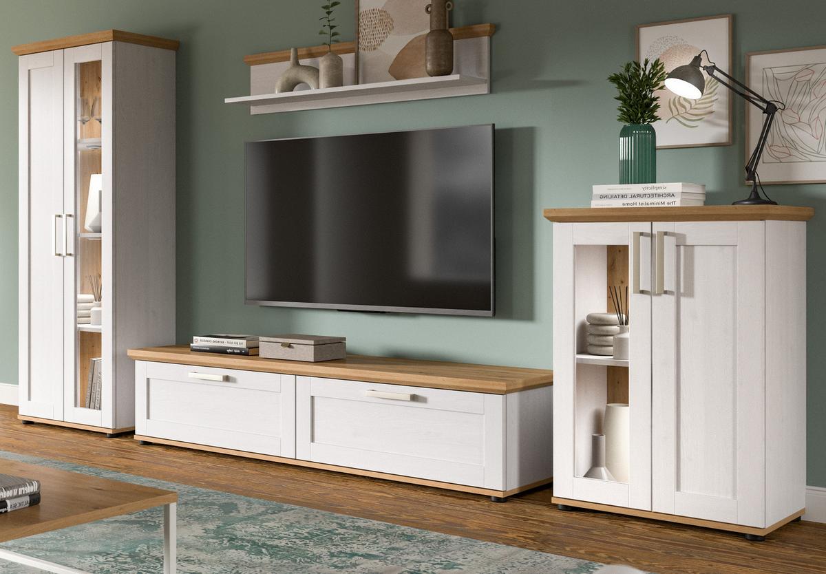 WOHNWAND 4-teilig weiß Lärche, Eiche Artisan 316 cm Landhaus, Schrankwand mit viel Stauraum - Silberfarben/Schwarz, Holzwerkstoff/Kunststoff (316/161/40cm) - Inn.Furn