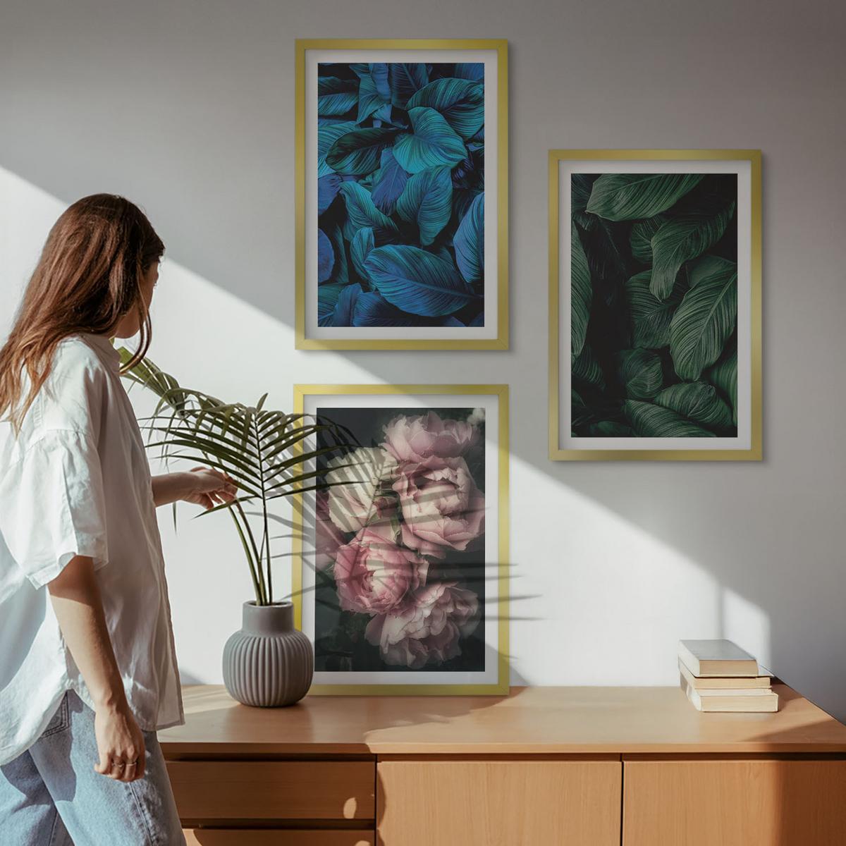 BILDER SET 3er Set - 40x60 cm Goldrahmen - Blätter, Blüten, verschiedene Farben - Goldfarben, Kunststoff (40/60cm) - TULUP