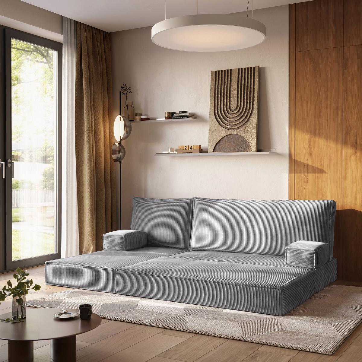 ECKSOFA NOTIA modulares Boneless Sofa mit Schlaffunktion Hellgrau Kordstoff - Hellgrau, Textil (200/120cm) - MASSENO